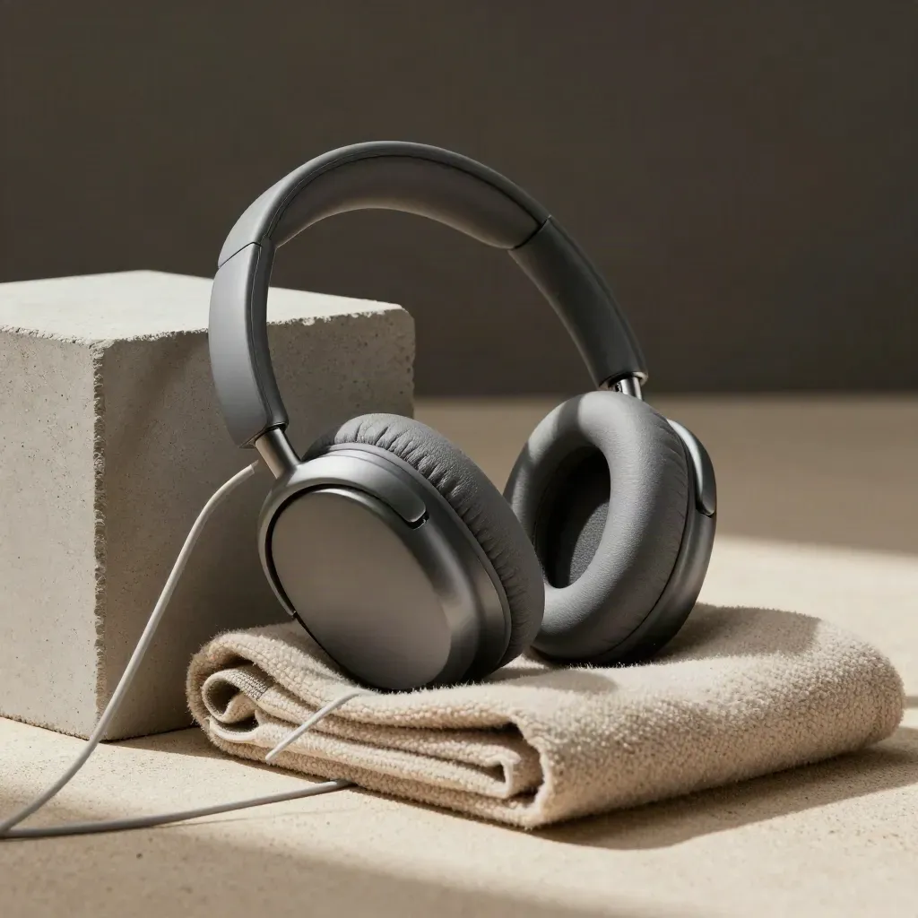 Close-up van matte koptelefoon op gevouwen wol met kabel, betonblok en zacht etui.