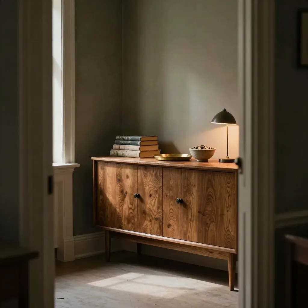 Sfeervolle woonkamerhoek met eiken dressoir, lamp en muntenschaaltje in zacht avondlicht.